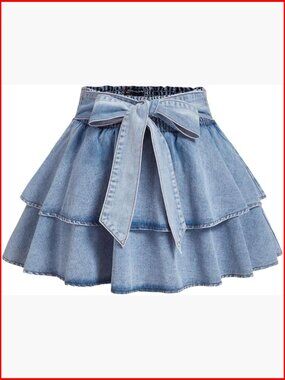 Plus Size Denim Mini Skirt High Waist Bow Tie Knot Ruffle Tiered